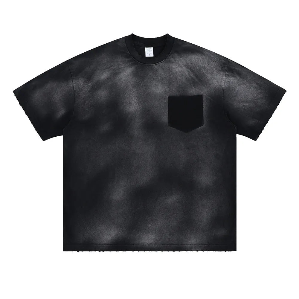 Black men's loose fit cotton T-shirt with printed letter design and drop-shoulder sleeves.