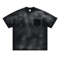 Black men's loose fit cotton T-shirt with printed letter design and drop-shoulder sleeves.