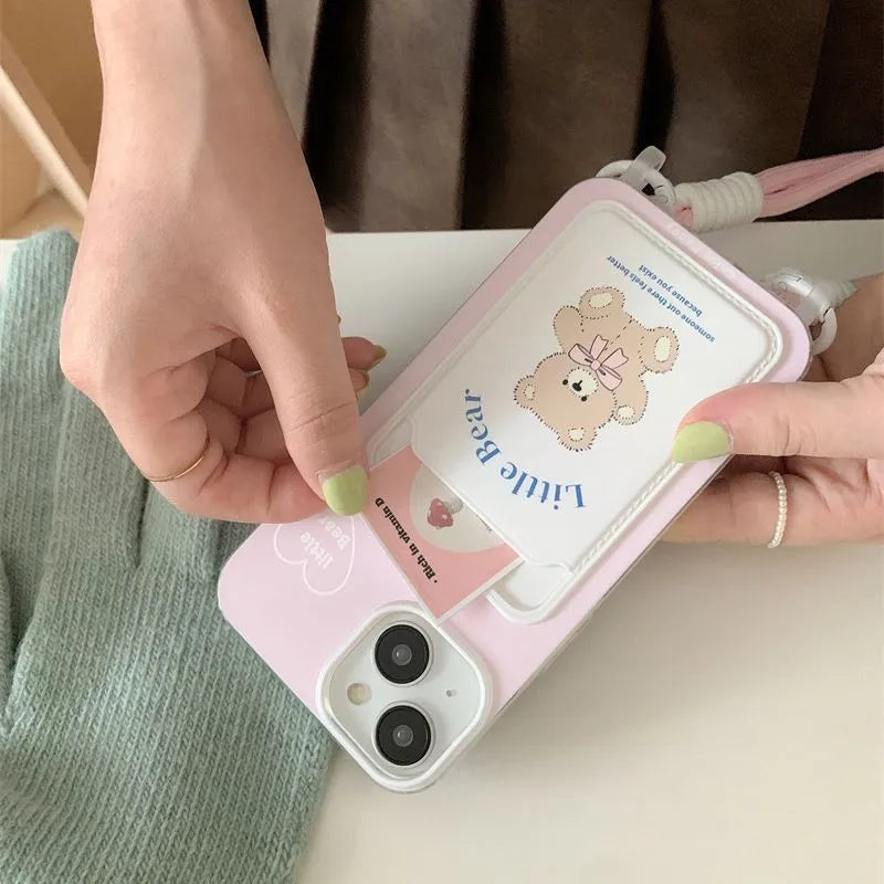 Pink bear TPU phone case with card holder and lanyard for iPhone 13