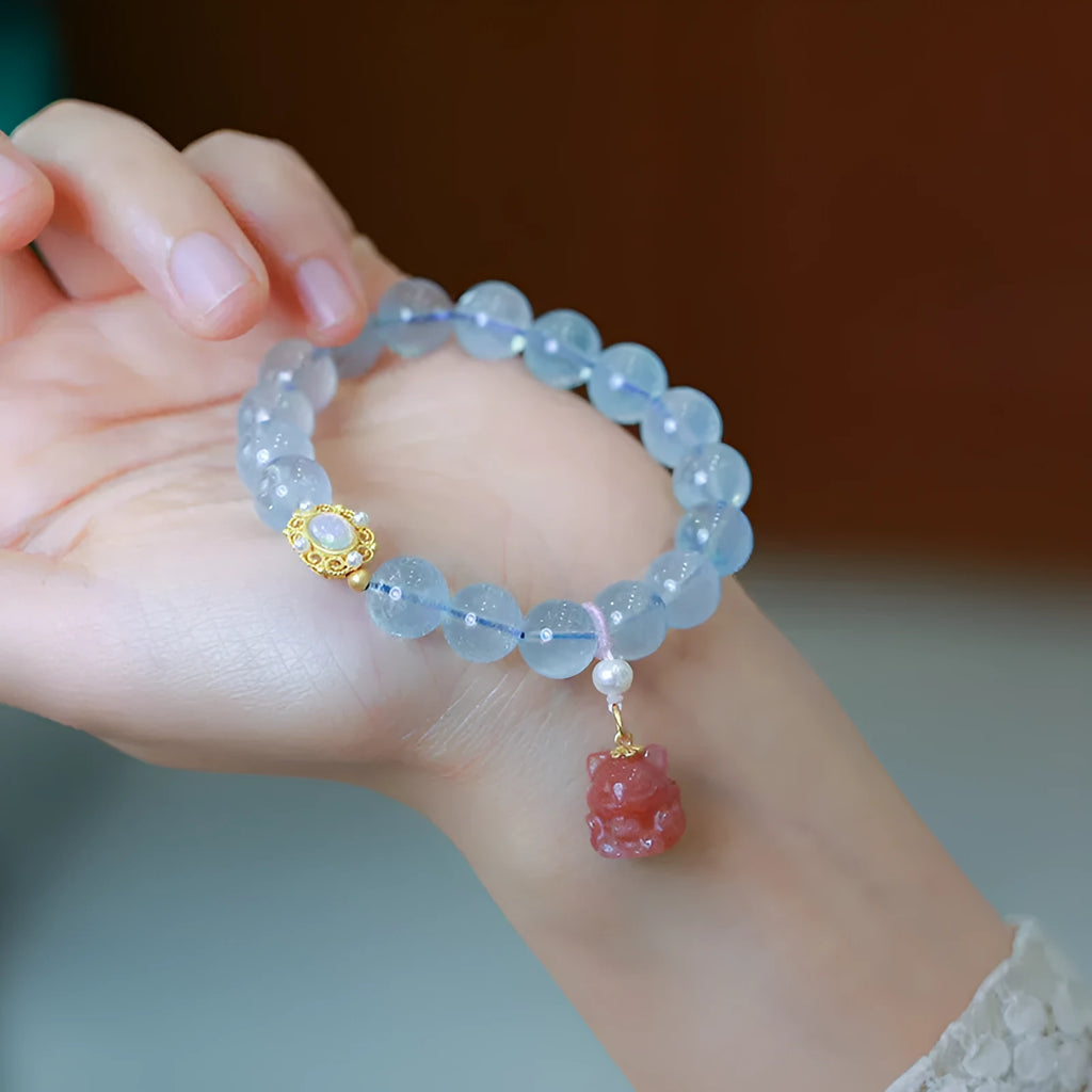 Women's Chinese style Fengjiu DIY aquamarine bracelet with pearl and pink crystal charms