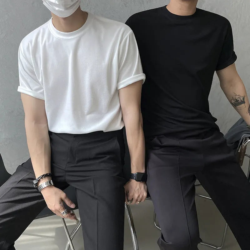 Men's cotton slim fit half sleeve T-shirt in white and black colours with round neck design