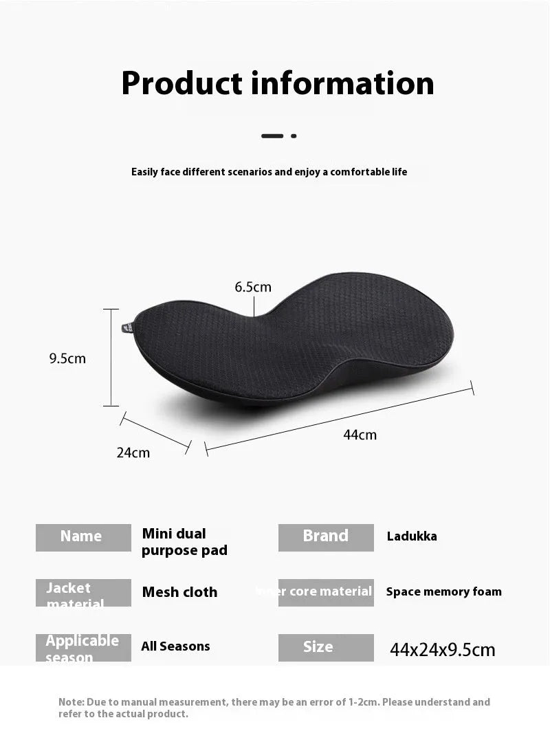Flat black memory foam car seat cushion on a grey car seat.