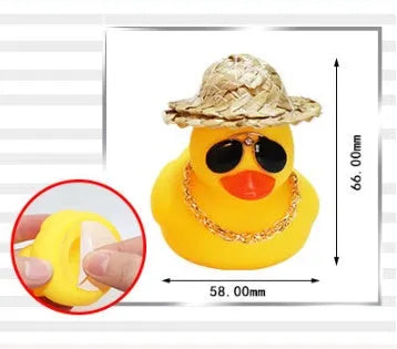 Yellow duck wearing straw hat car dashboard ornament with adhesive gel and sunglasses accessory