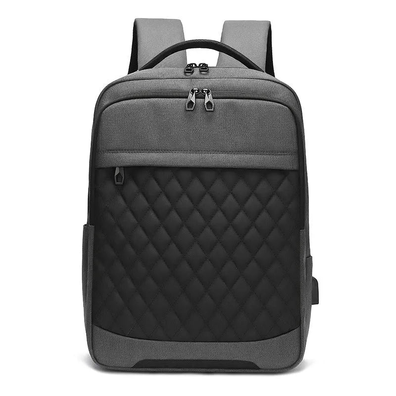 Men's Oxford cloth travel backpack in black with curved shoulder straps and diamond mesh panels