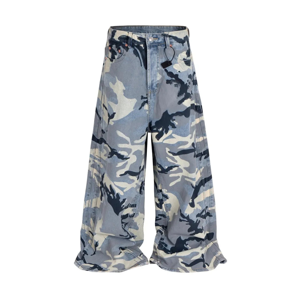 Snow camouflage blue loose-fit jeans with micro-elastic denim fabric