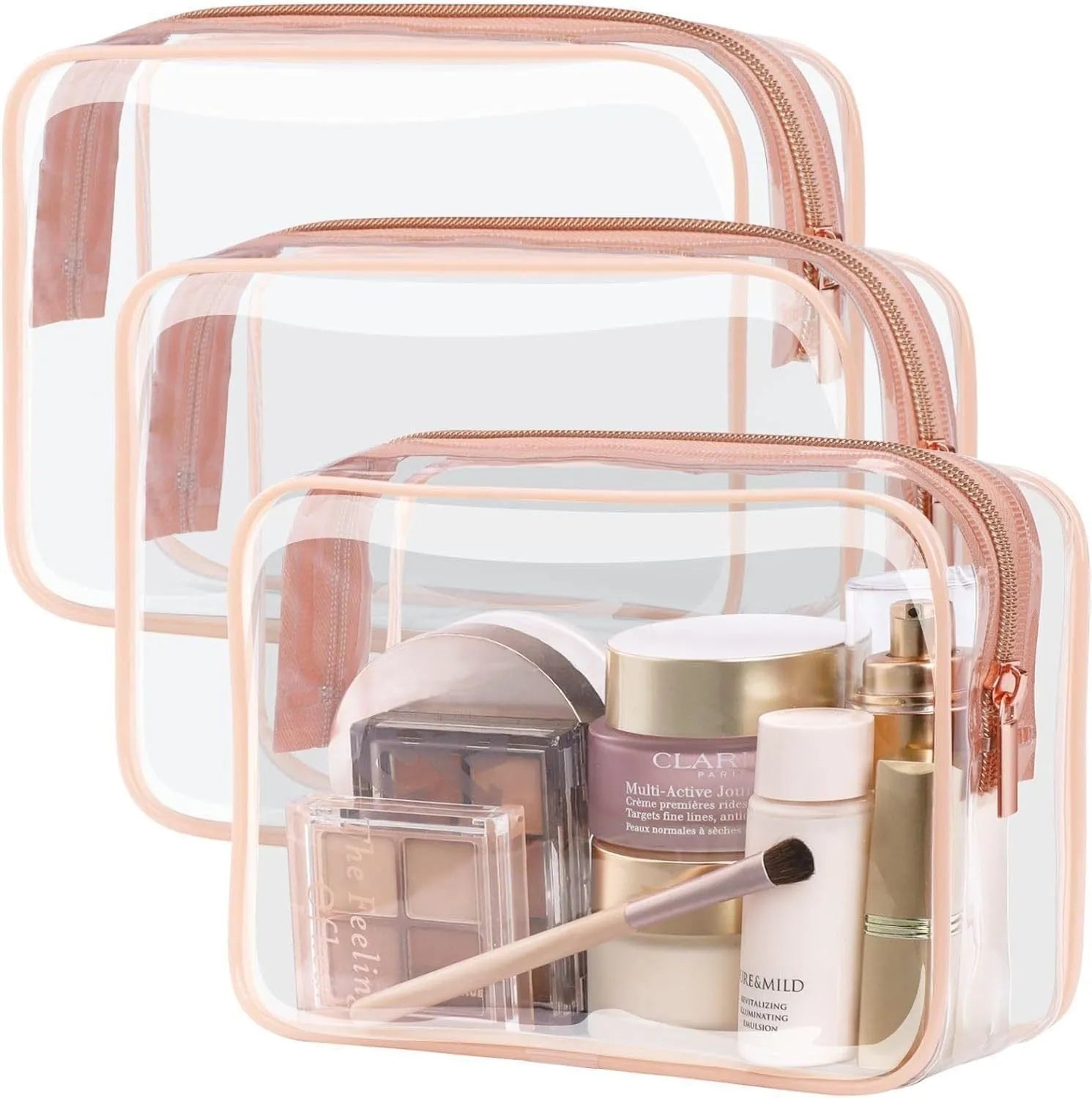 Set of three semi-transparent PVC makeup bags in pink with Labubu stickers, showing large and extra-large sizes.