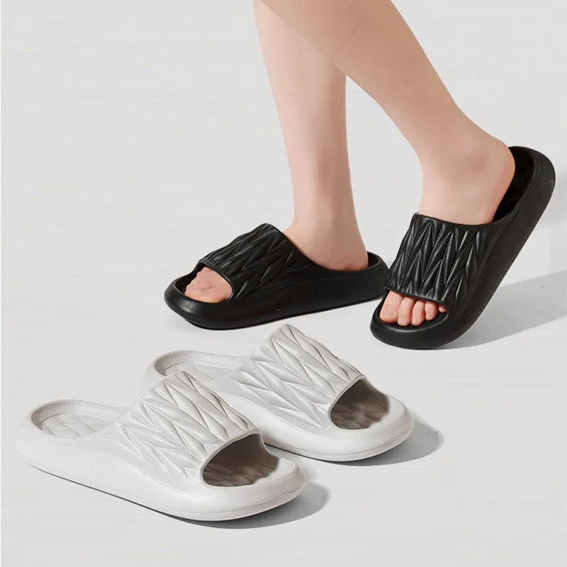 Leaf texture design EVA slippers in various colours showing non-slip sole and anti-odor properties