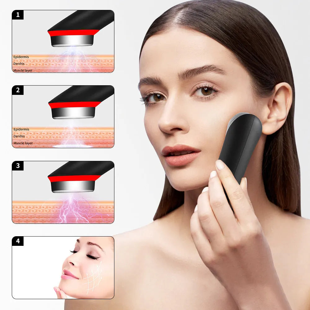 Black eye massager device showing 7 colour light therapy functions with vibration massage