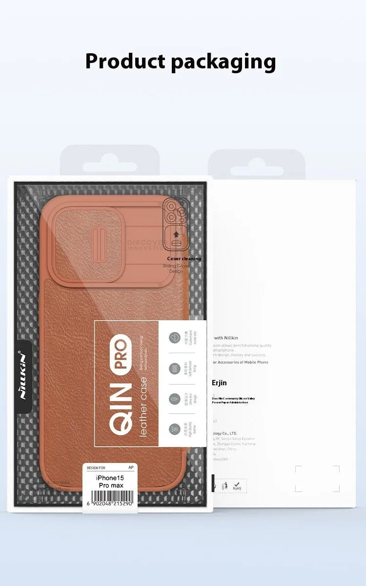 Imitation leather flip phone case for iPhone showing black, brown, and red colour options
