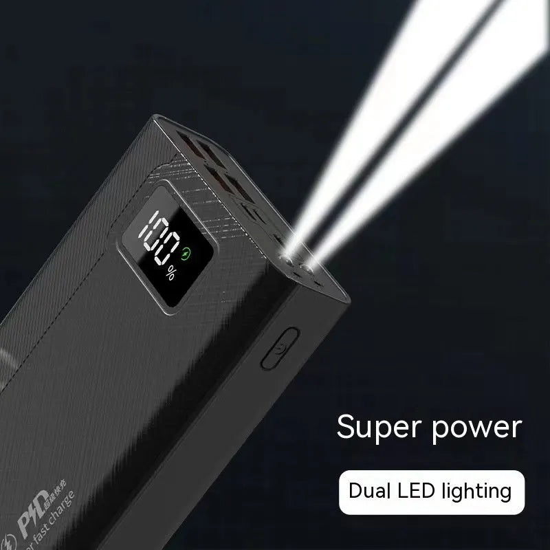 Large capacity power bank in black or white plastic case with dimensions 150×76mm