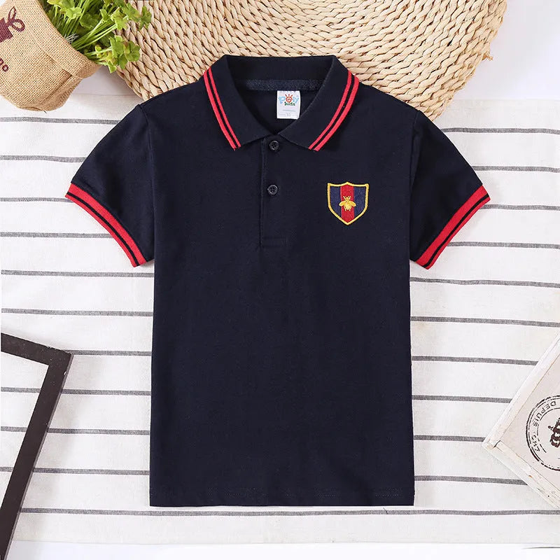Boys' red short-sleeve polo shirt with lapel collar for children aged 3-8 years.