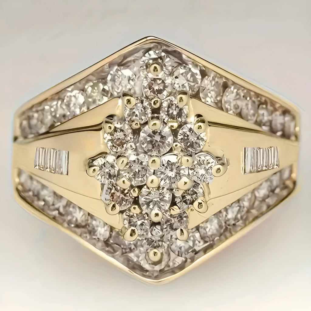Gold geometric copper fashion ring showcasing heavy industry palace style on a neutral background