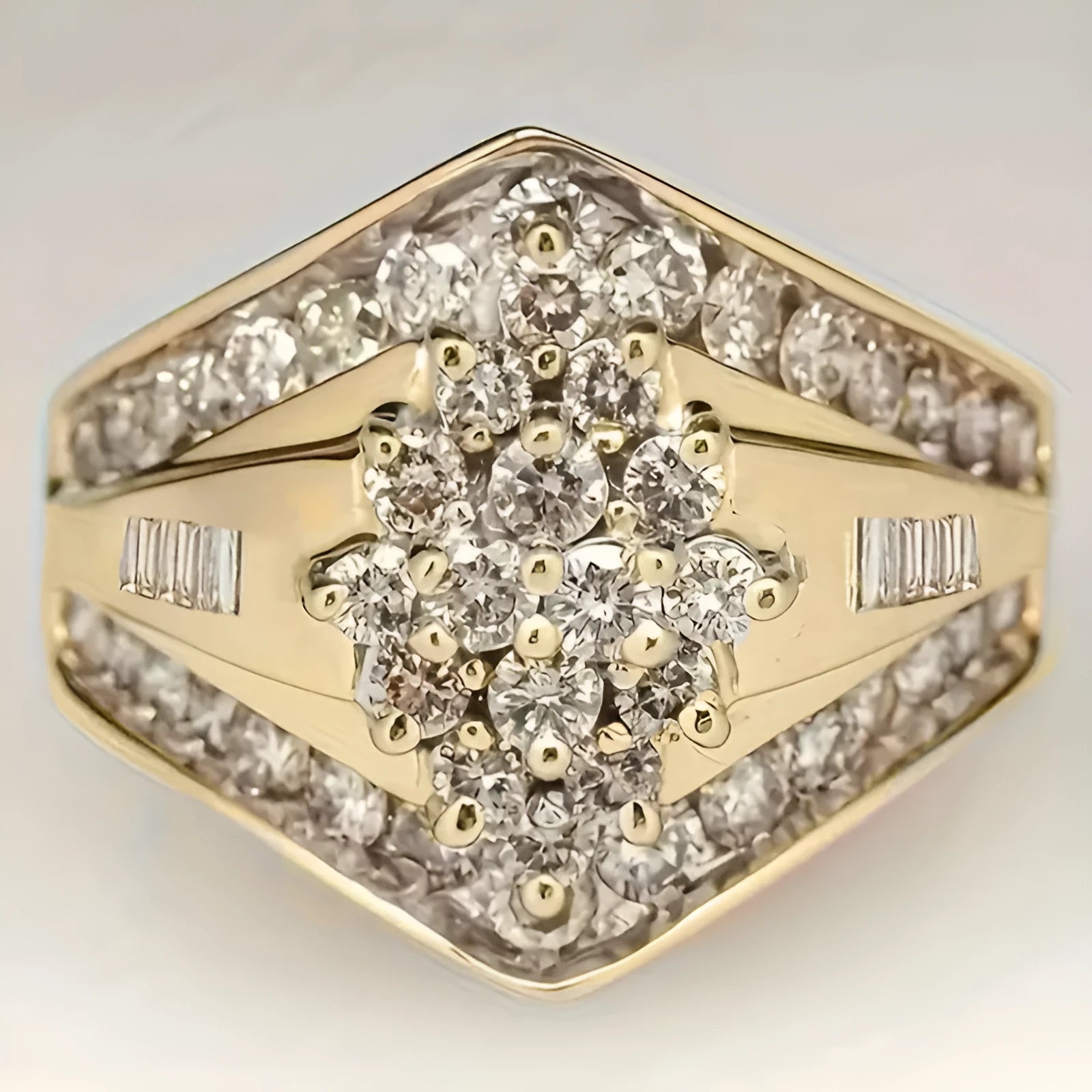 Gold geometric copper fashion ring showcasing heavy industry palace style on a neutral background