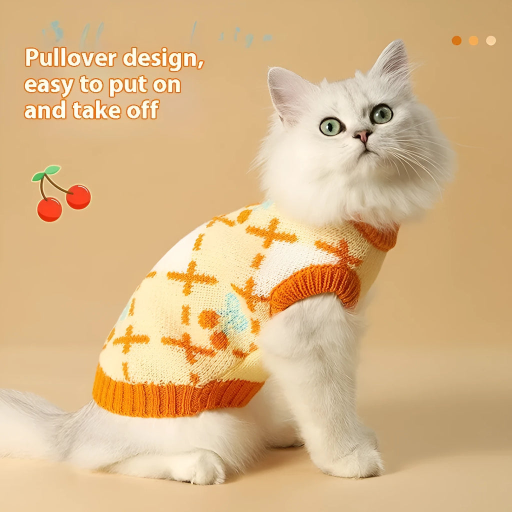 Orange cherry diamond knit cat sweater for autumn winter wear with windproof properties