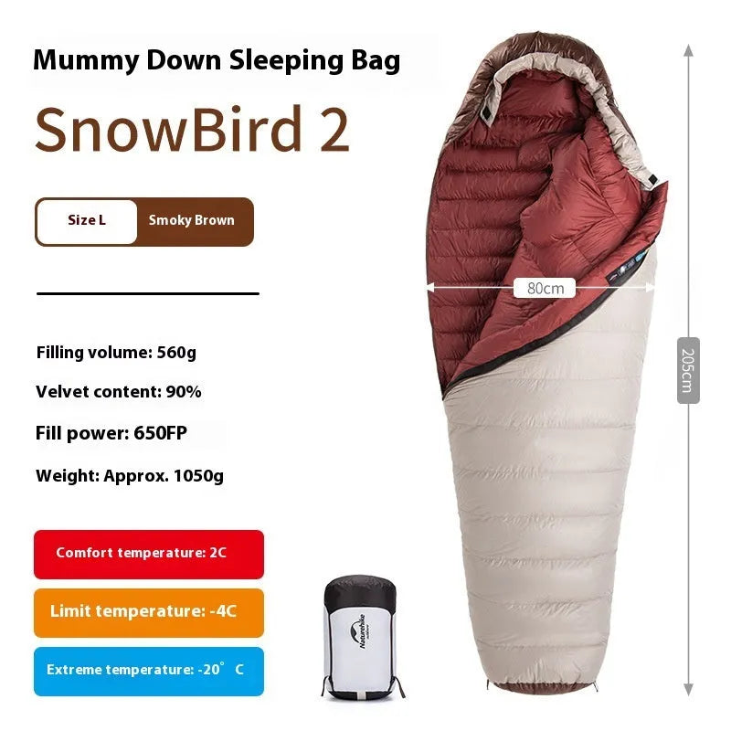 Goose down mummy sleeping bag for adults in storage bag