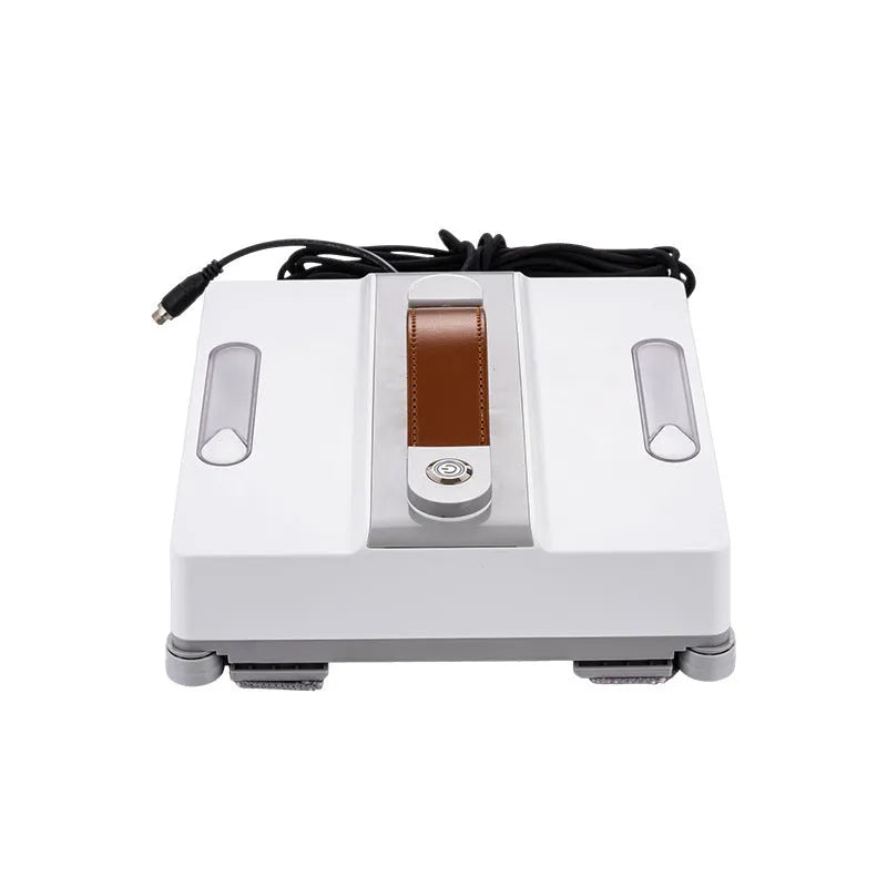 White intelligent window cleaning robot for high-rise windows with voice and app control.