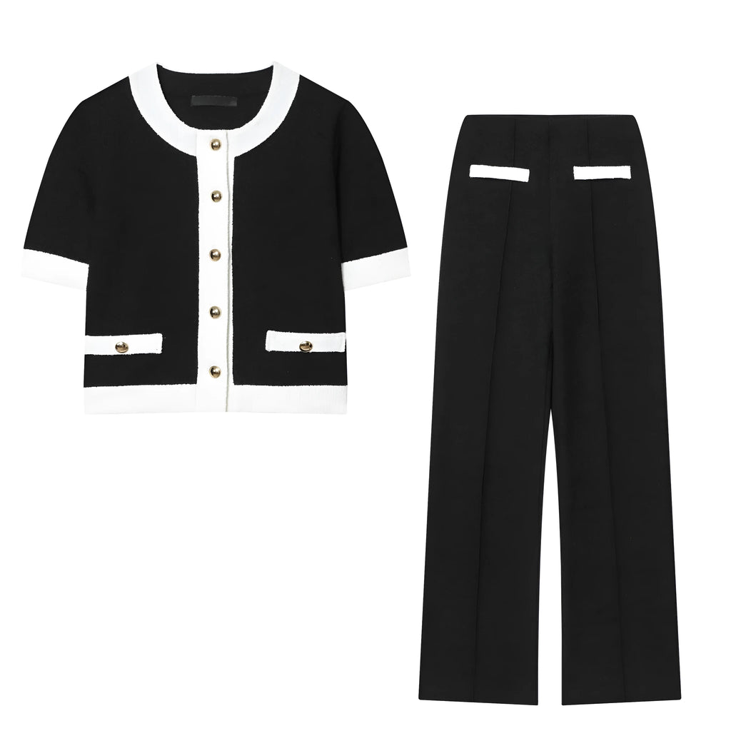 Women's beaded round-neck top and high-waisted trousers co-ord set in a contrast colour.
