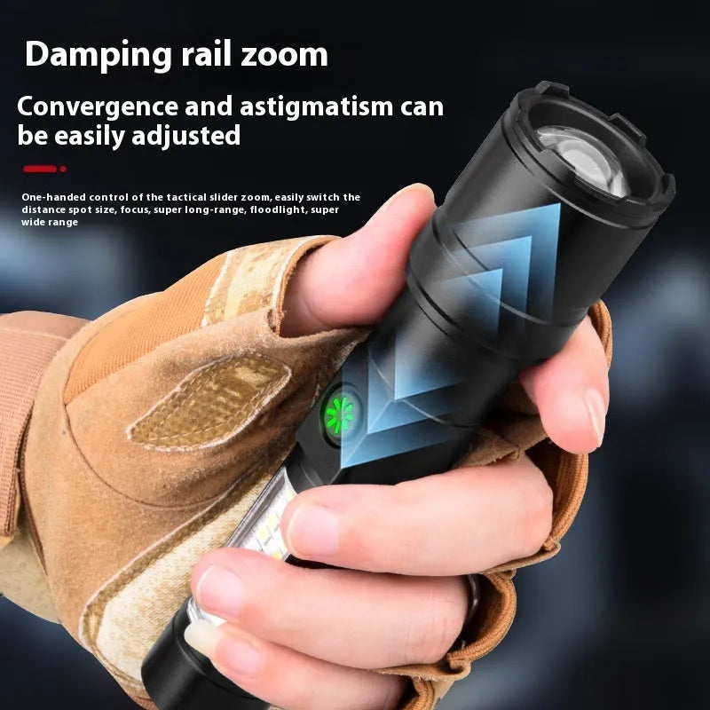 Black aluminum alloy USB rechargeable flashlight with optical zoom on table