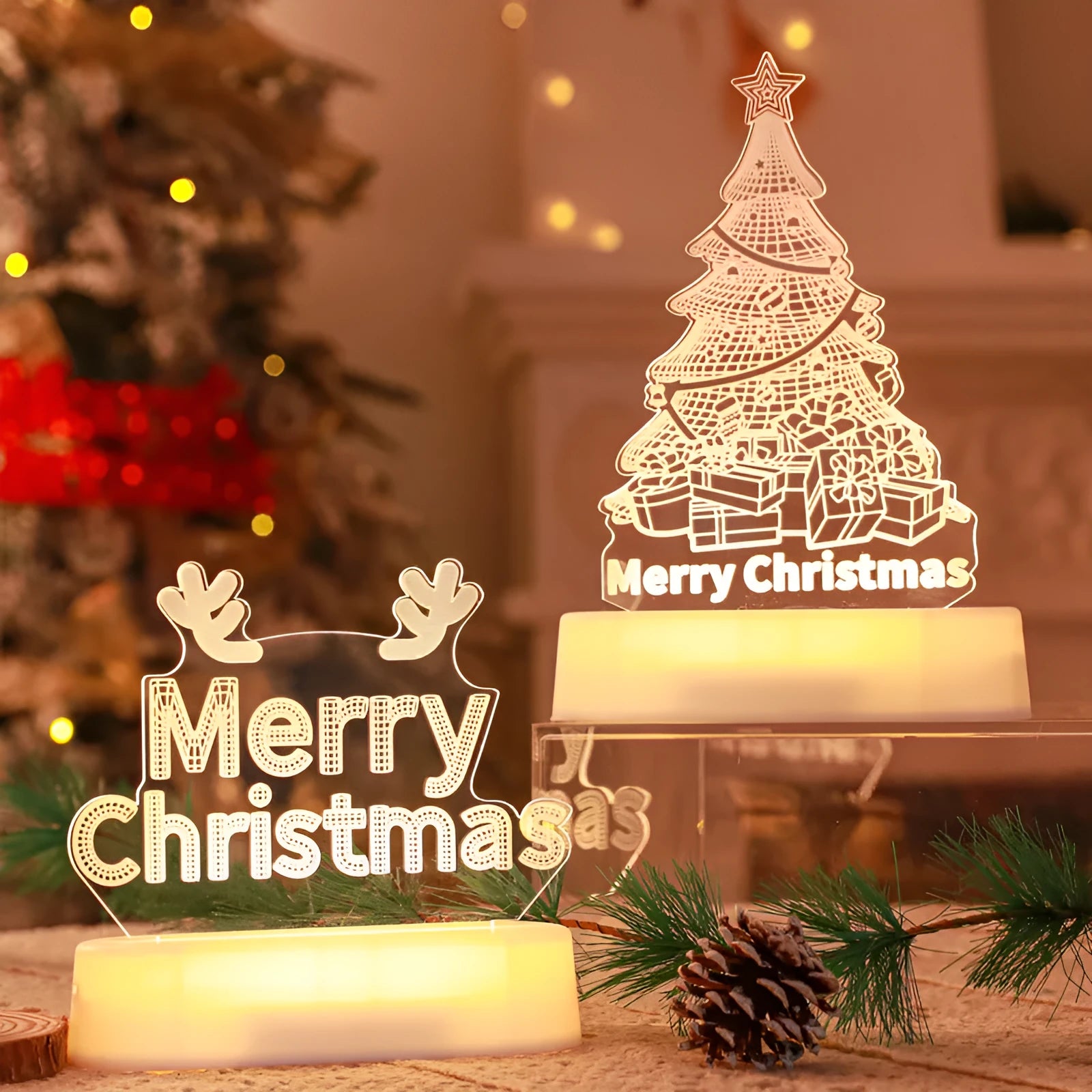 3D acrylic Christmas LED decorative night light showing a choice of festive designs like trees and reindeer.