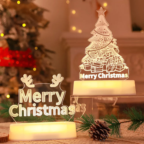 3D acrylic Christmas LED decorative night light showing a choice of festive designs like trees and reindeer.
