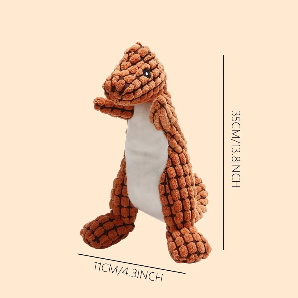 Grey, green, or orange durable dog toy with sound feature, shown next to a measuring tape indicating 35 cm length.