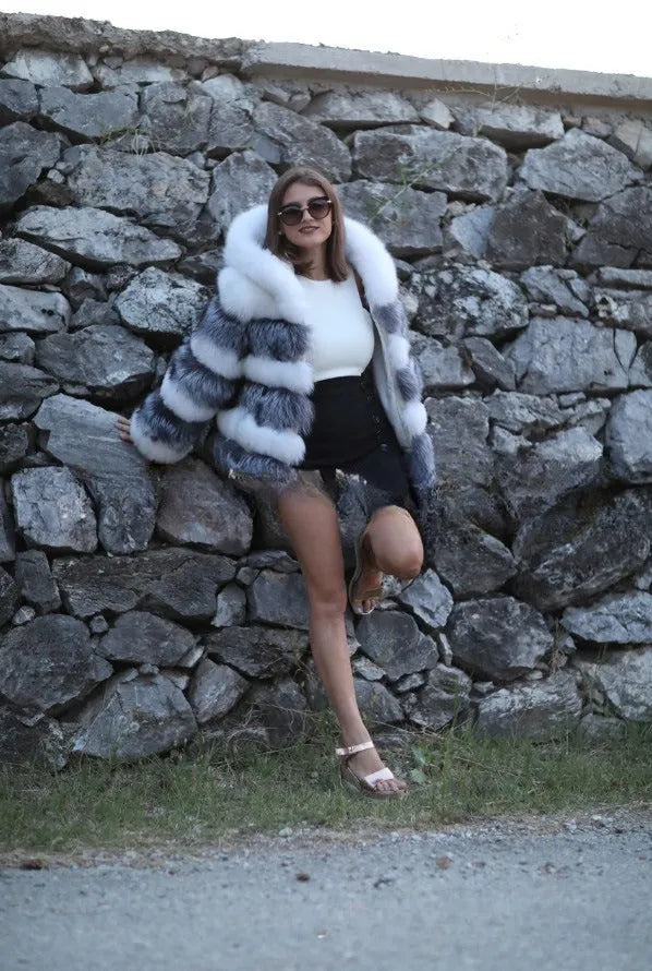 Women's mid-length artificial fur coat with a detachable hood in silver fox white or brown.