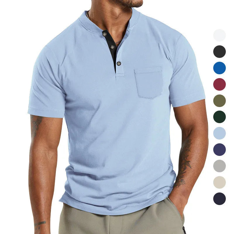 Plus size men's solid colour short sleeve casual shirt with a buttoned chest pocket.