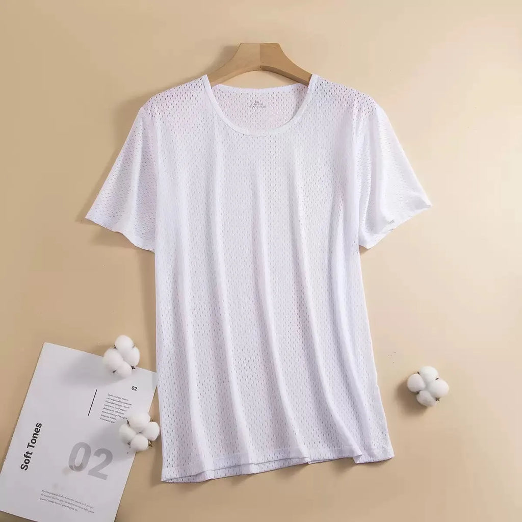 Ice silk men's short sleeve t-shirt in a solid colour, showing crew neck and loose fit.