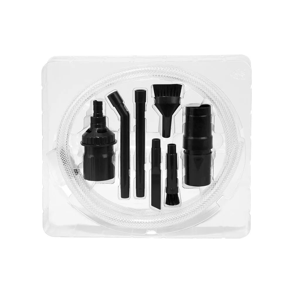 Boxed set of eight small vacuum cleaner suction head attachments for detailed cleaning.