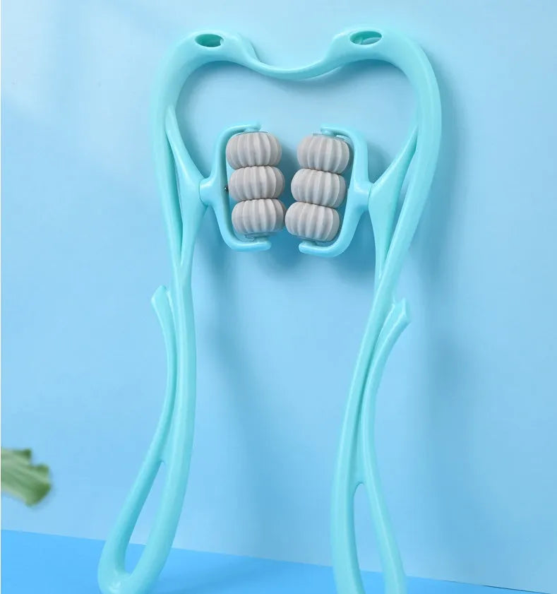 Blue swan-shaped manual neck massager with six wheels and natural jade scraping board on white background