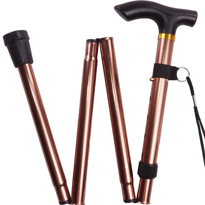 Adjustable aluminium folding cane in multiple colours, shown extended and folded.
