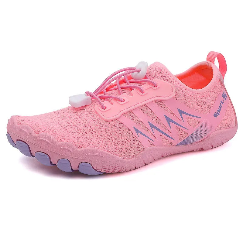 Low-top river tracing shoes with mesh upper in apricot colour on natural rubber sole