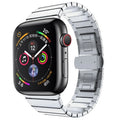 Silver metal Apple Watch strap with butterfly buckle on a 40mm watch case.