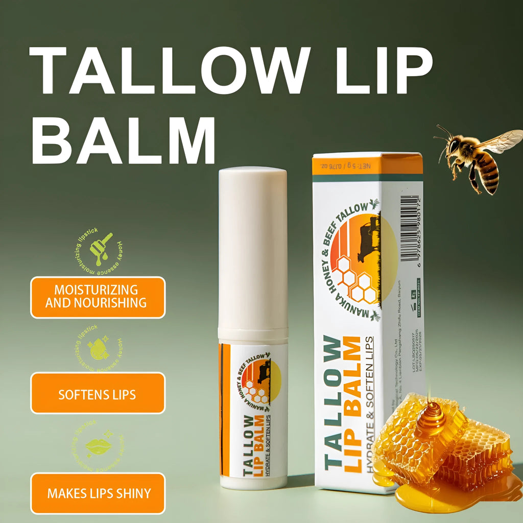 Tallow lip balm stick measuring 83mm in length with square 19mm cross-section containing 5g of product