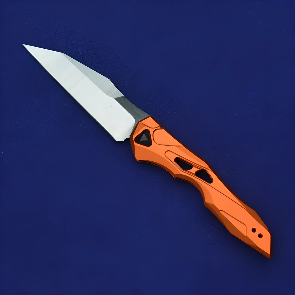 Black folding fruit knife with D2 steel blade and aviation aluminium handle measuring 19cm length