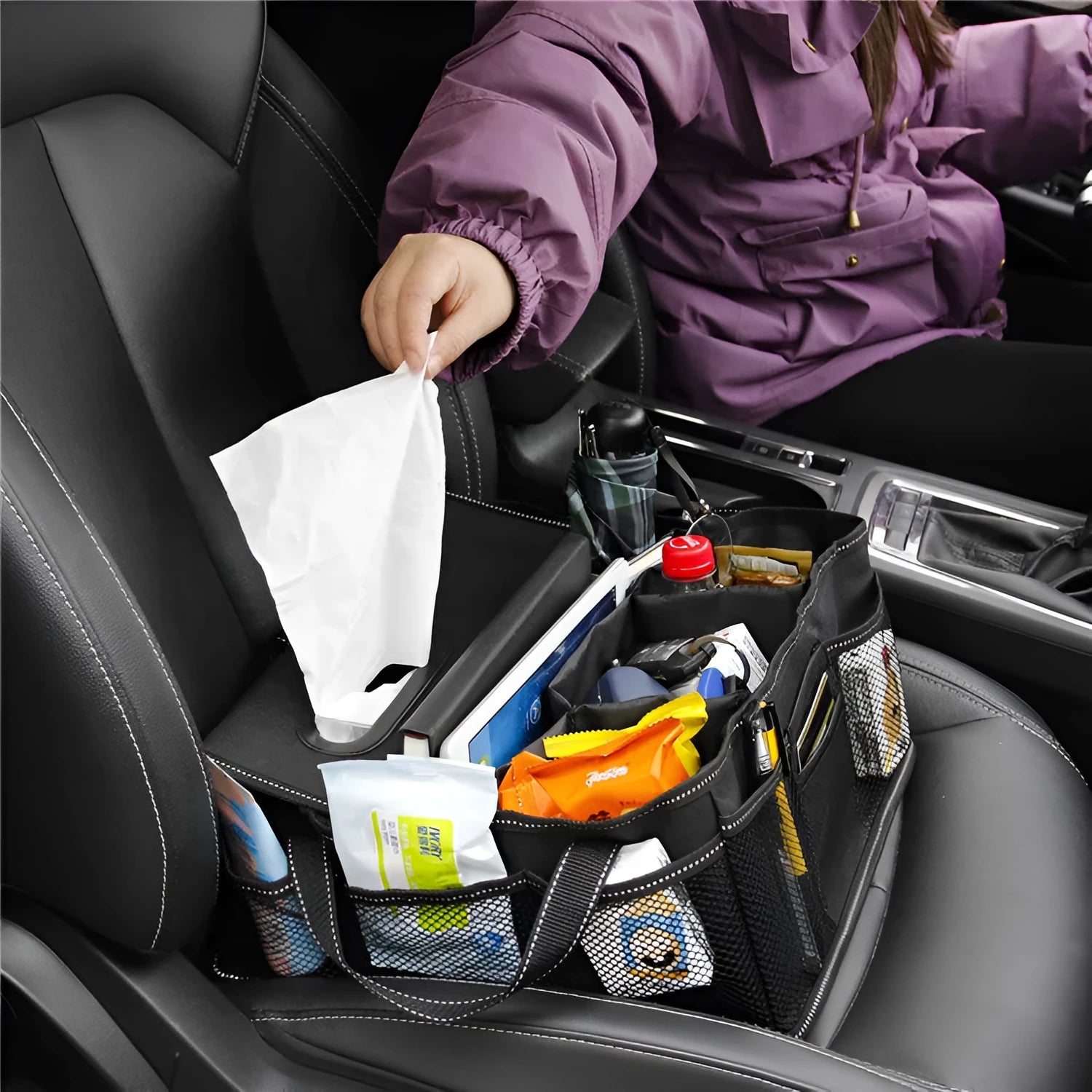 Black Oxford cloth car storage box with dimensions 33x33x16cm for vehicle boot organisation