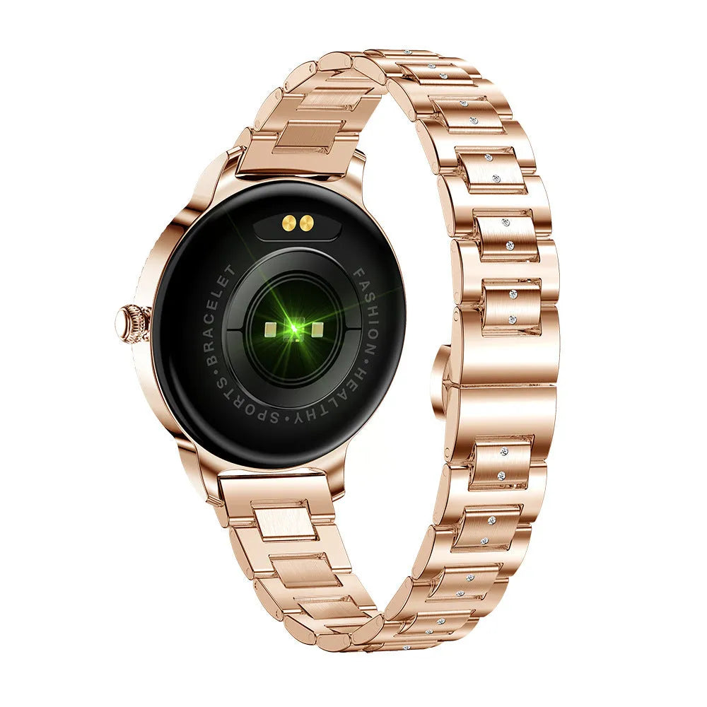 AK38 ladies smart watch with colour screen and stainless steel Milanese strap on a wrist.