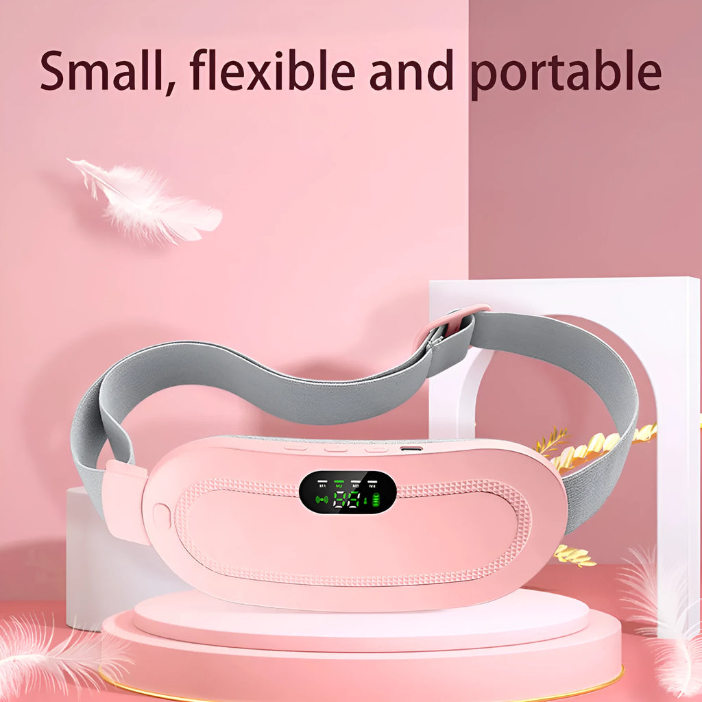 Pink electric menstrual heating pad with controller showing temperature display and vibration settings