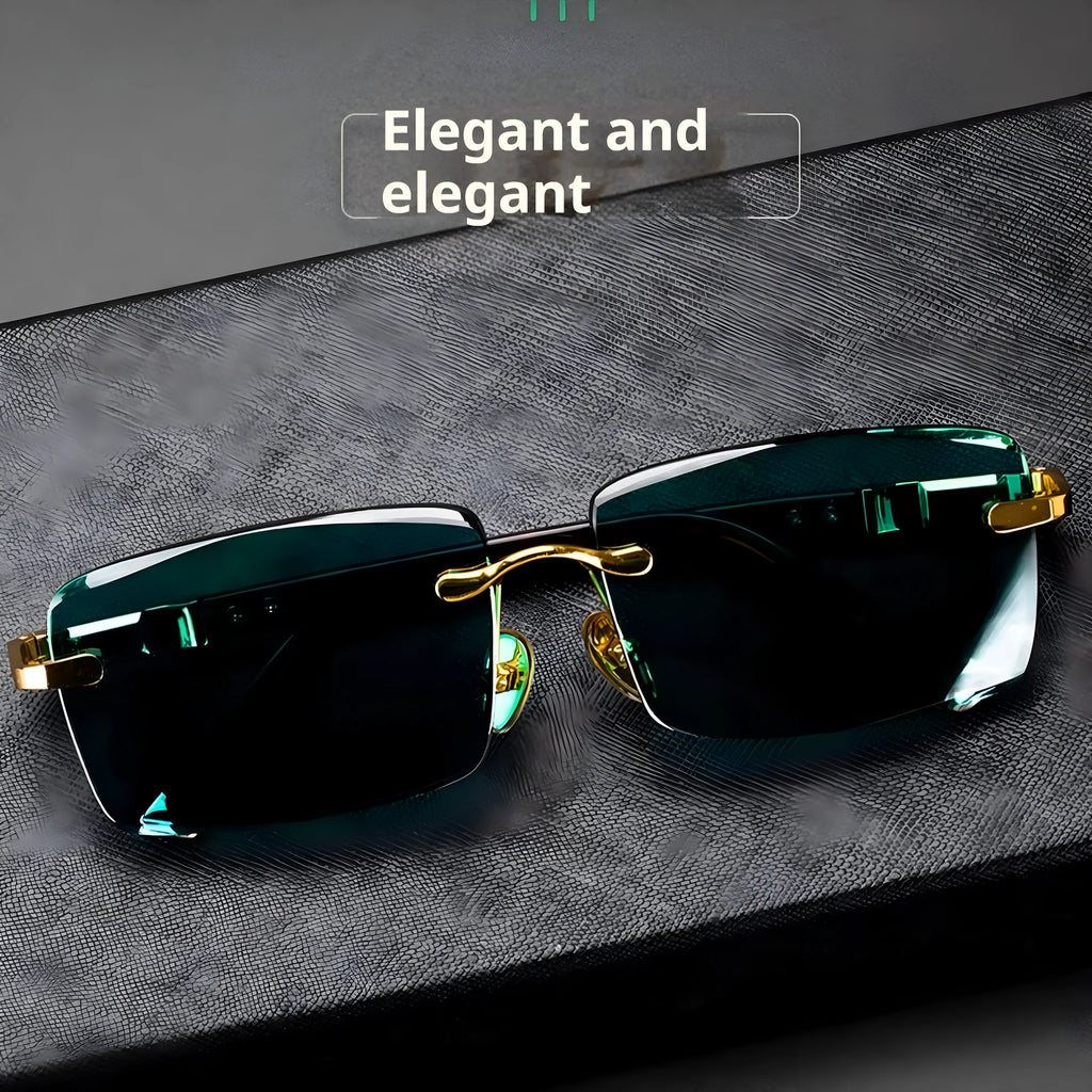 Dark green tinted frameless sunglasses with round lenses, shown with a glasses case and cleaning cloth.