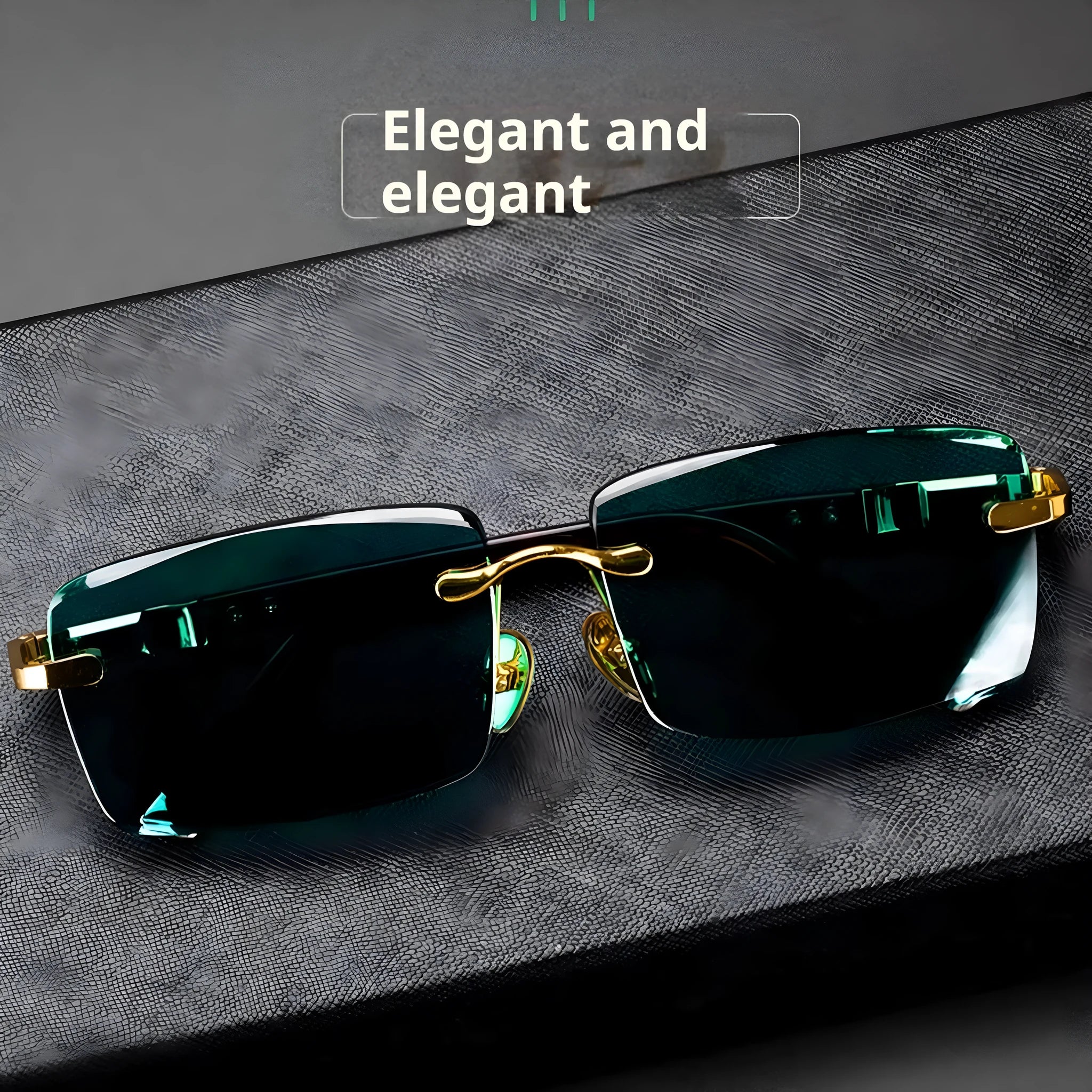 Dark green tinted frameless sunglasses with round lenses, shown with a glasses case and cleaning cloth.