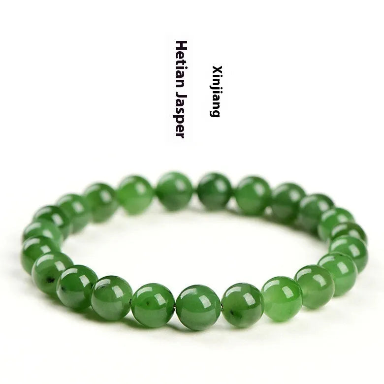 A single strand polished jasper bead bracelet in natural colours, showing different size options.
