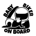 Reflective Baby On Board car sticker in black and white options measuring 14.5 by 15 cm