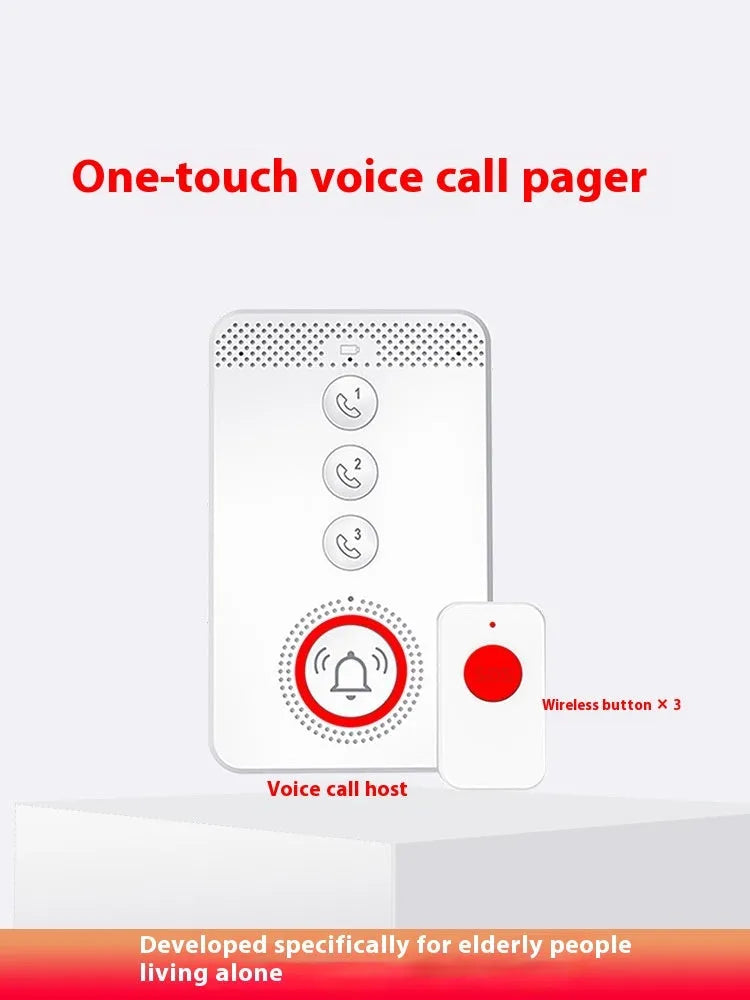 White one-click emergency alert device for the elderly showing a central buzzer unit and three remote panic buttons.