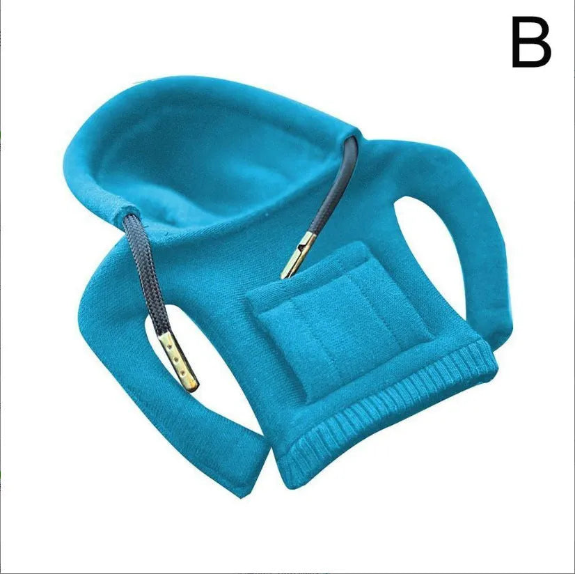 Blue cloth car gear shift knob hoodie cover shown on a gear lever.