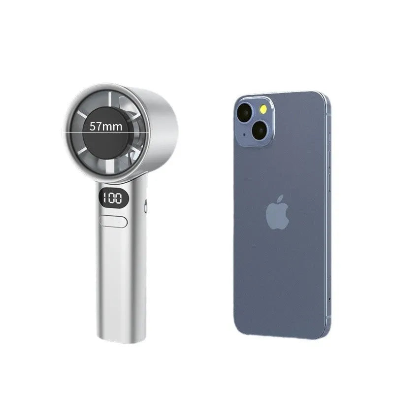 A compact white USB handheld fan with multiple speed settings on a dial.