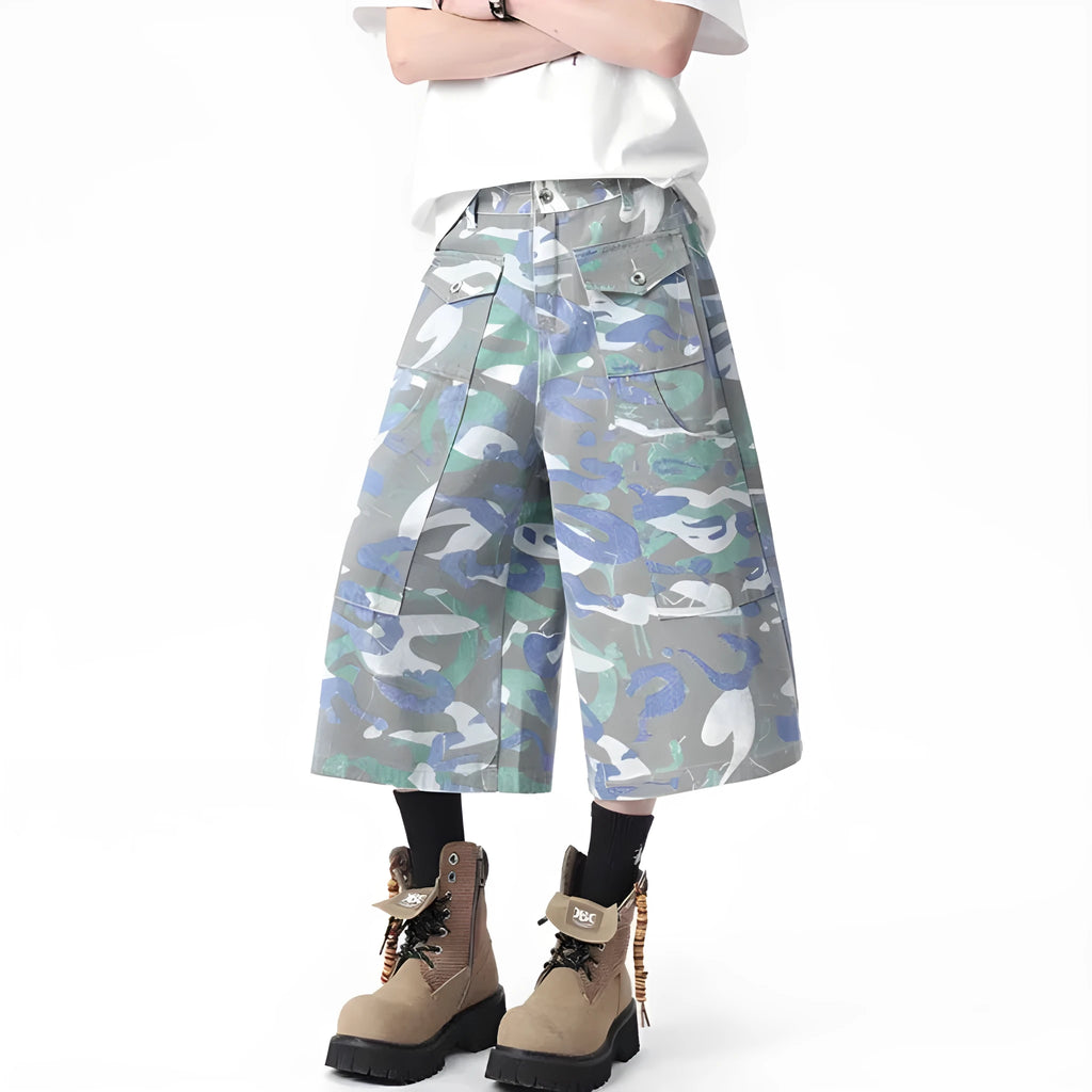 Denim camouflage cropped work trousers with straight leg cut and zipper fly