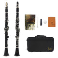 Black bakelite beginner clarinet with nickel-plated 17 keys and a included instrument bag.