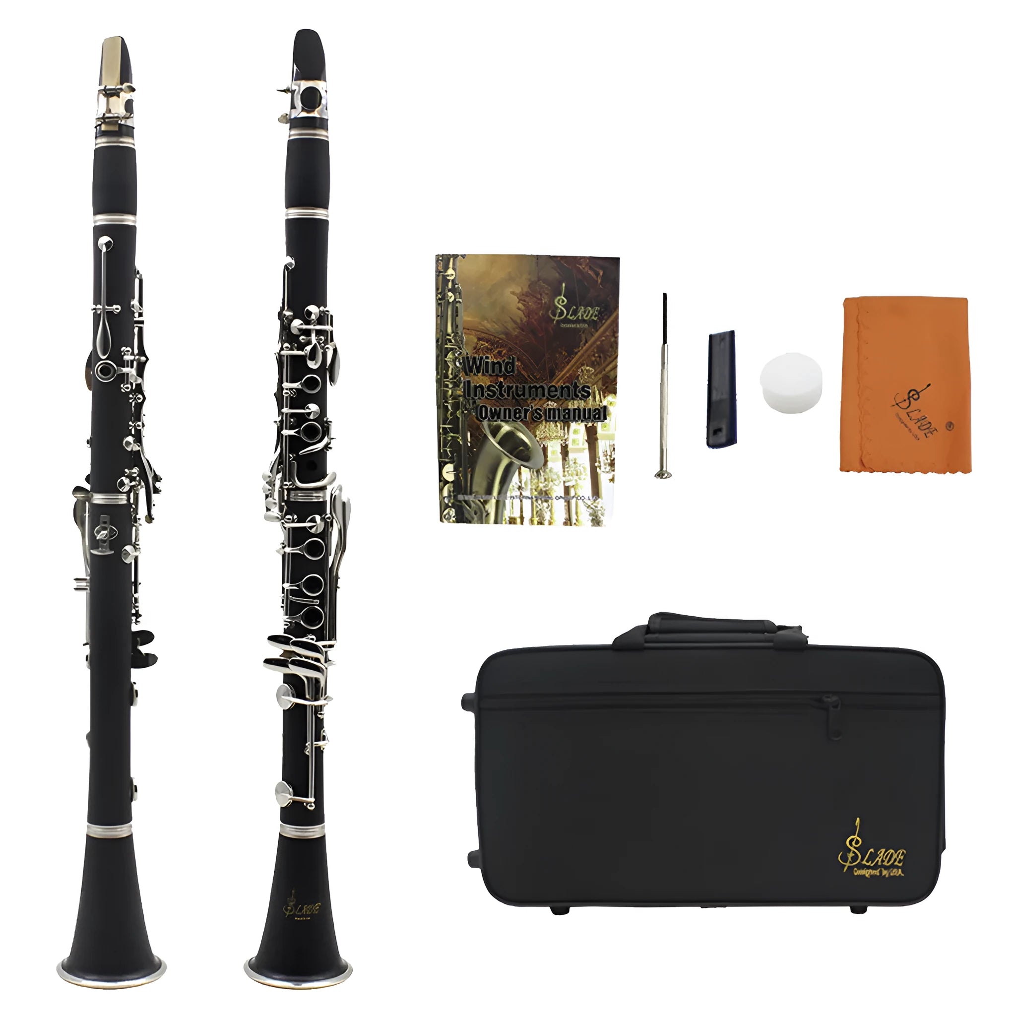 Black bakelite beginner clarinet with nickel-plated 17 keys and a included instrument bag.