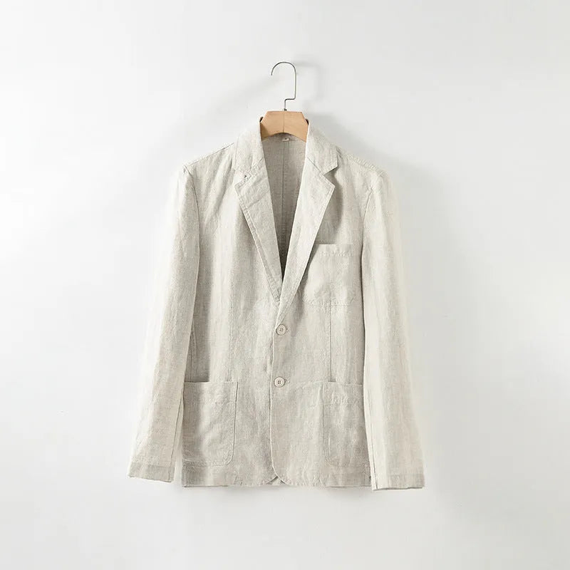 Men's solid colour linen suit blazer with side stick pockets, shown in light blue.