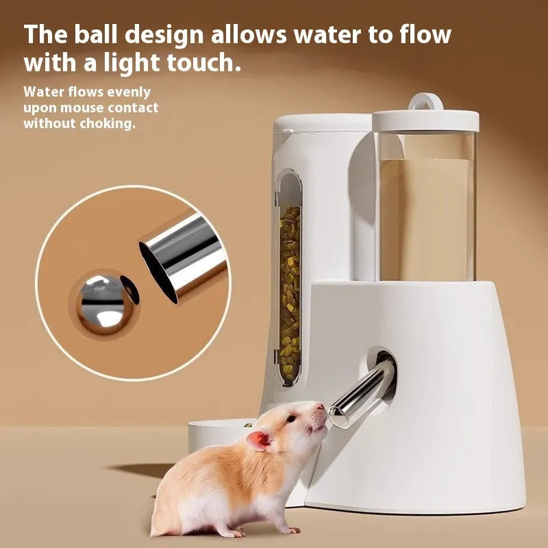 White automatic hamster drinking water feeder and food basin on a blue background.